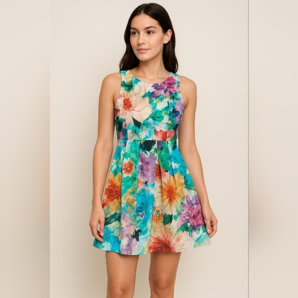 Felicity & Coco Watercolor Floral Fit & Flare Dress XS Cotton Lined